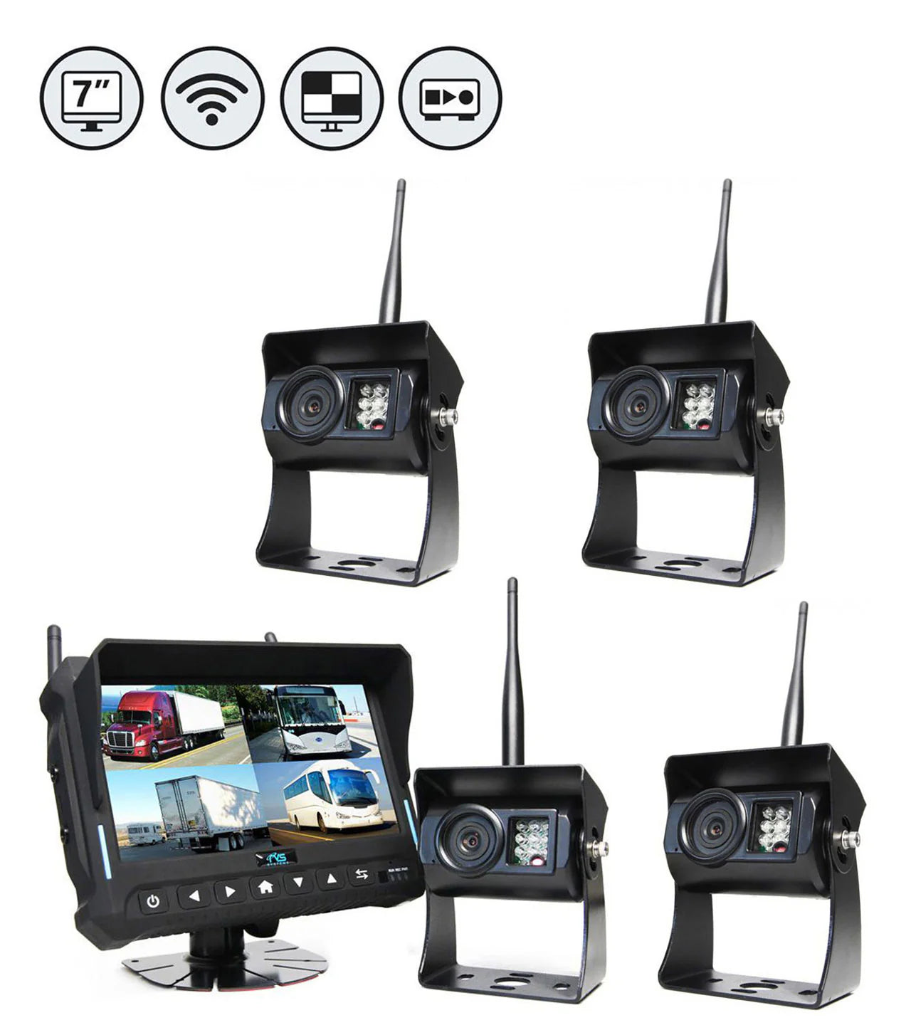 Rear View Safety Wireless Backup Camera System | 7" Quad View Display with Built-in DVR
