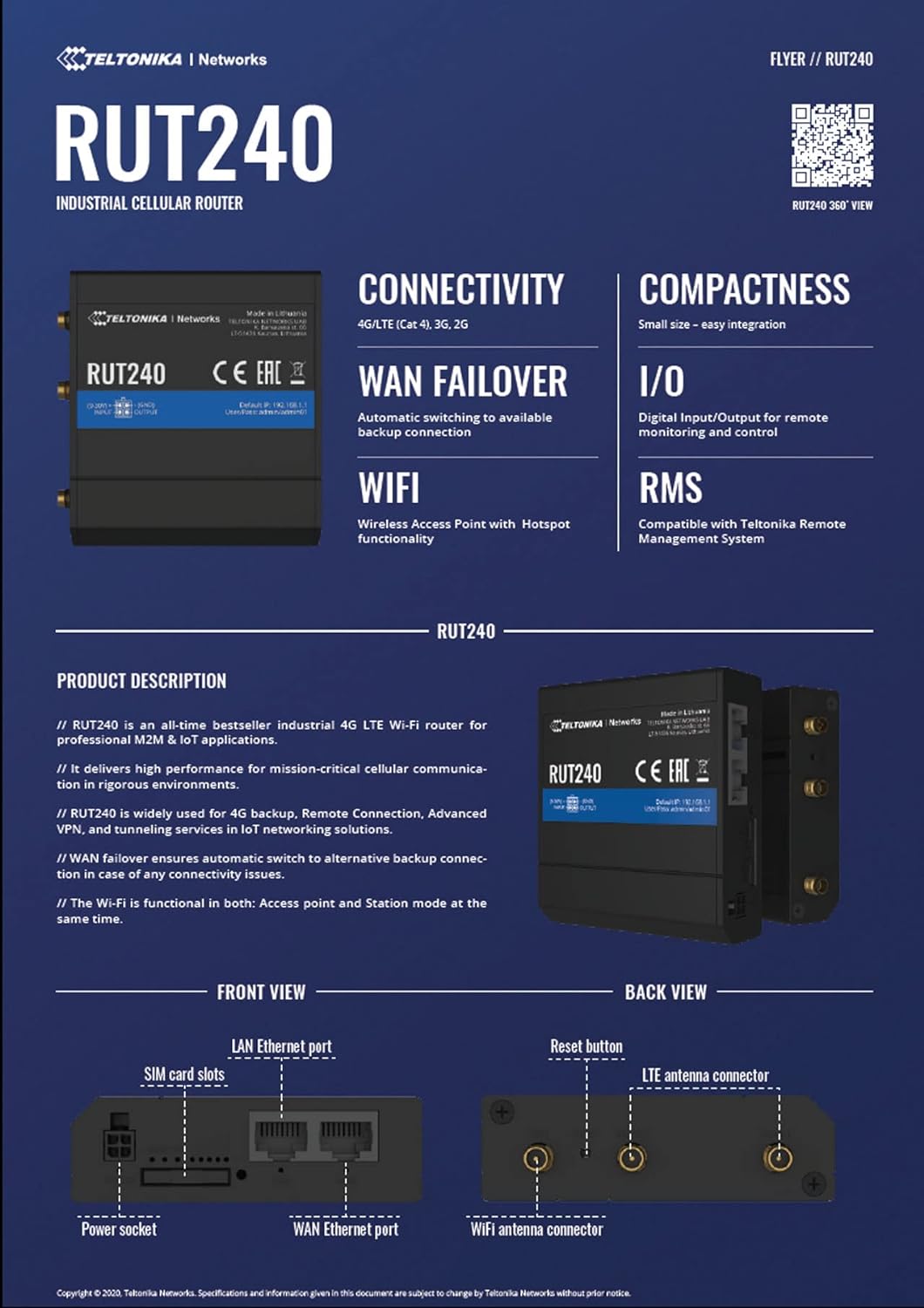 Teltonika RUT240 4G /LTE & WiFi Cellular Router with Ethernet and I/O - Verizon - RUT24002U000