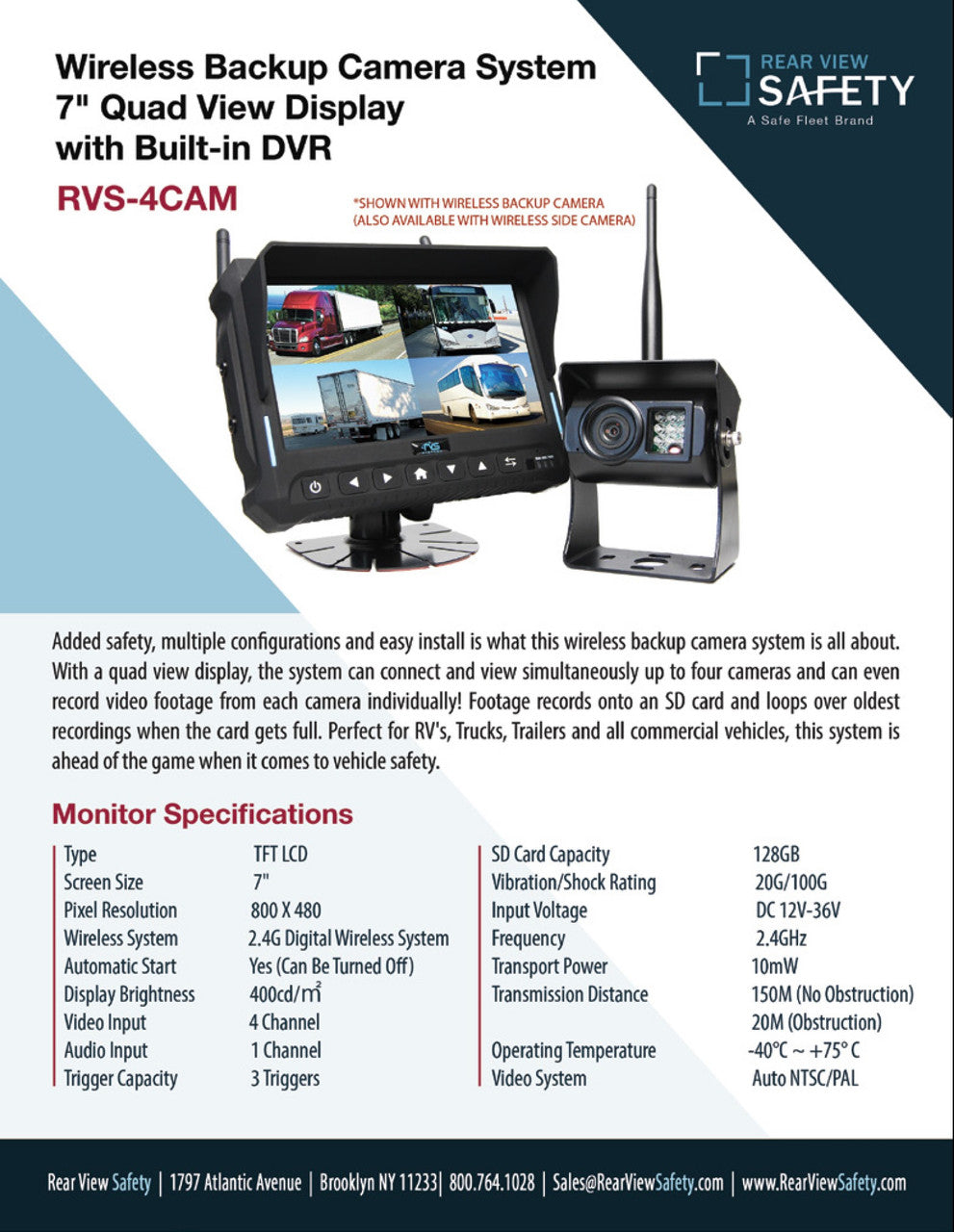 7" QV Monitor w/DVR, Right Side Camera, Suction Cup