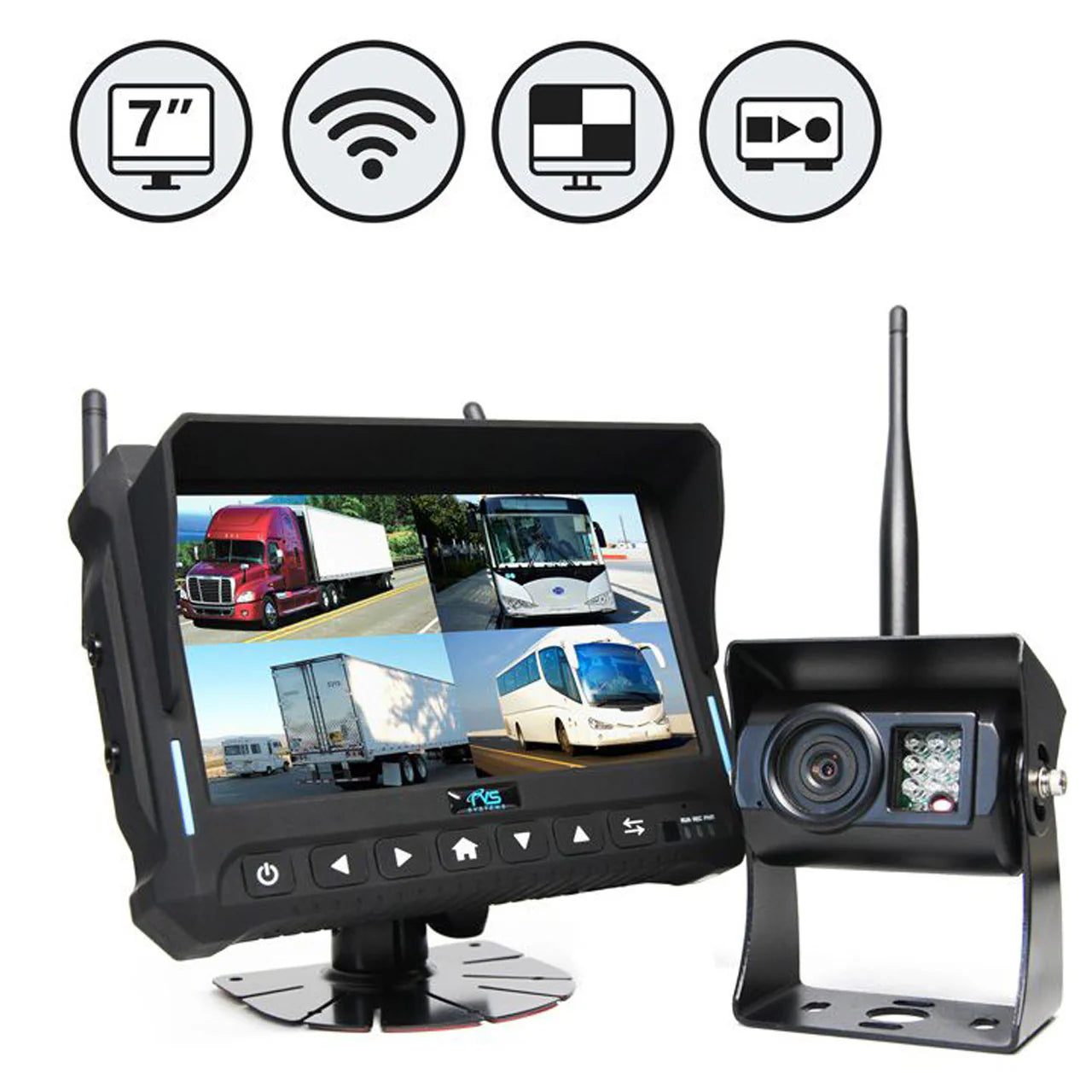 Rear View Safety Wireless Backup Camera System | 7&quot; Quad View Display with Built-in DVR