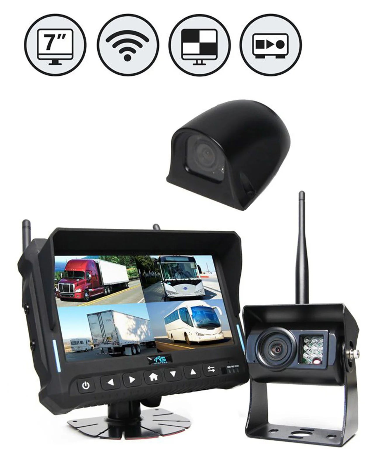 Rear View Safety Wireless Backup Camera System | 7&quot; Quad View Display with Built-in DVR