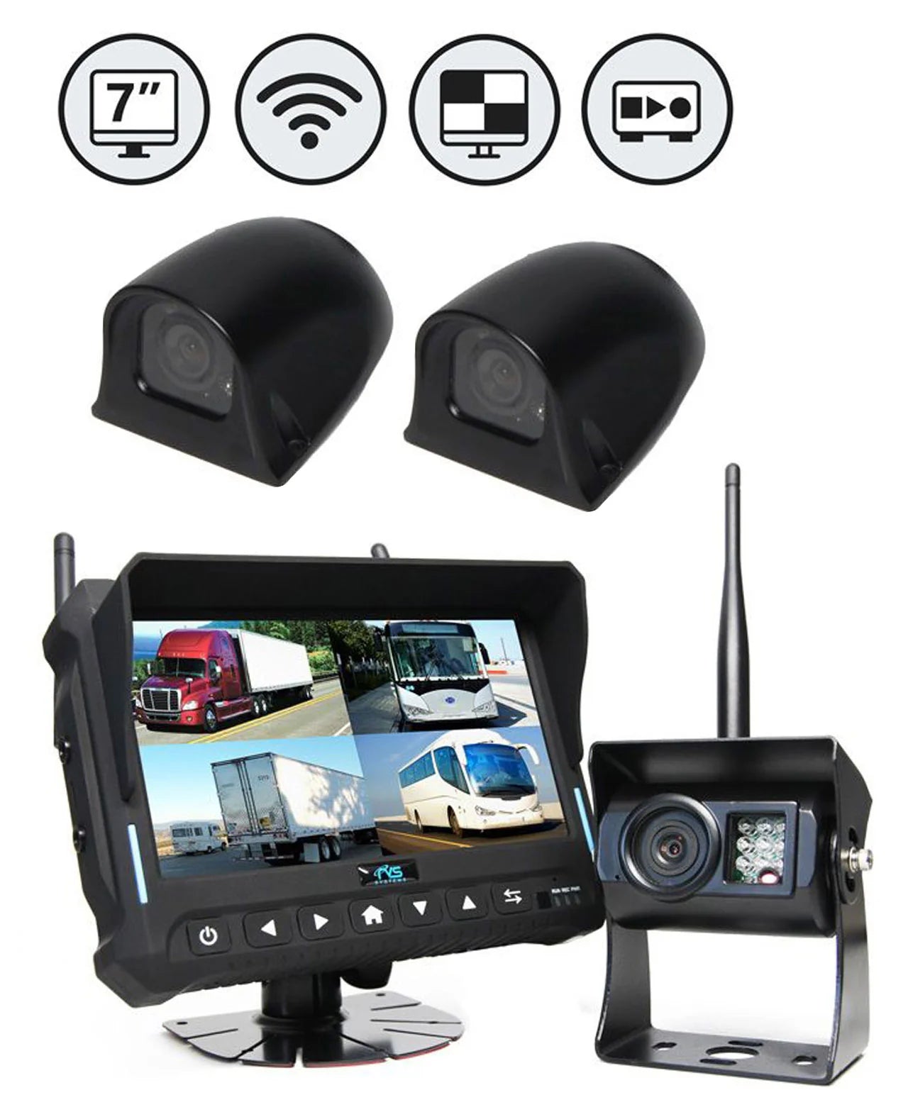 Rear View Safety Wireless Backup Camera System | 7&quot; Quad View Display with Built-in DVR