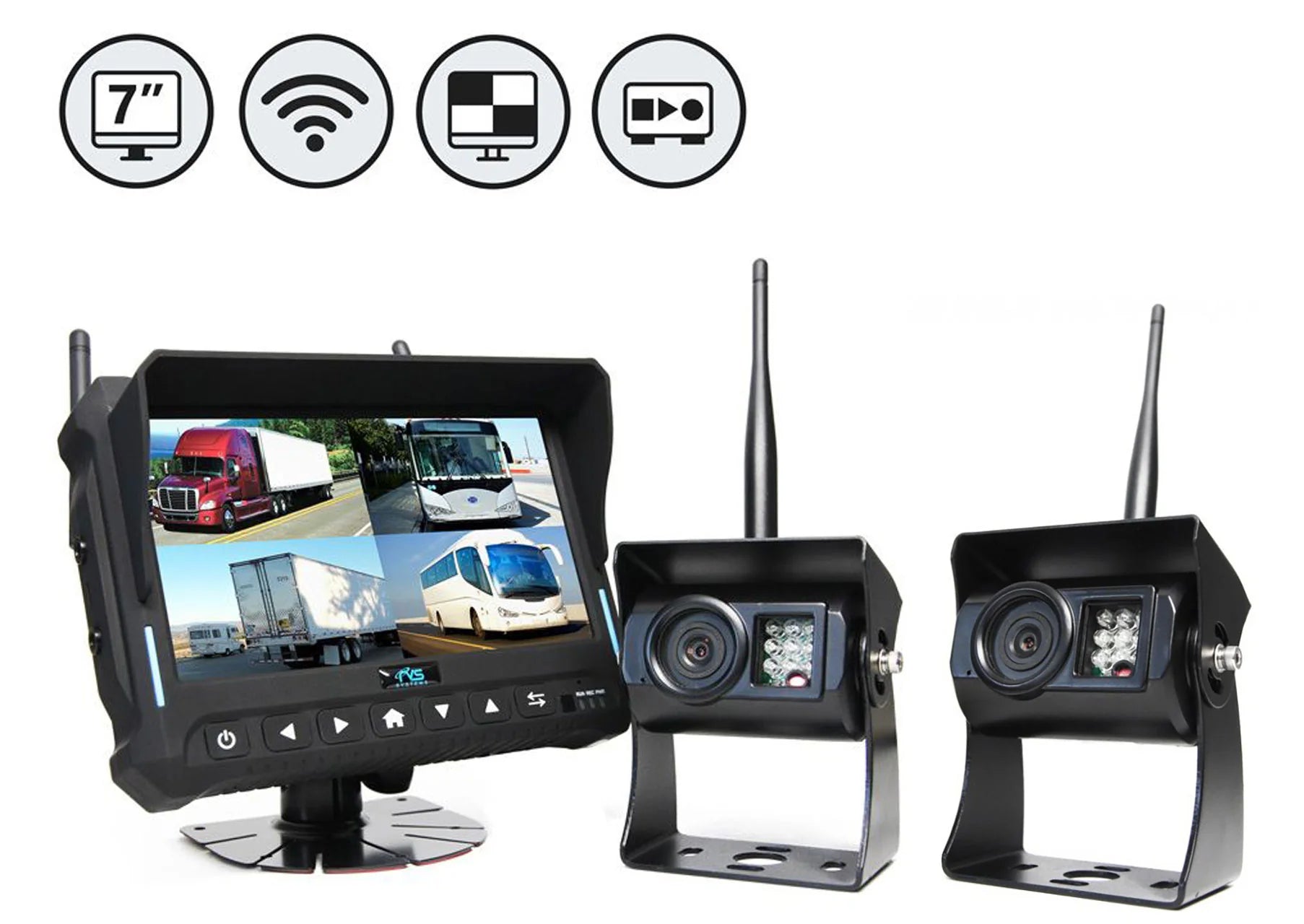 Rear View Safety Wireless Backup Camera System | 7&quot; Quad View Display with Built-in DVR