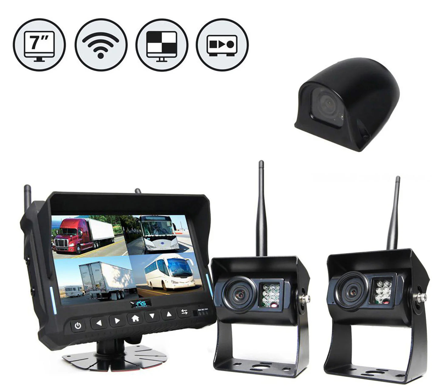 Rear View Safety Wireless Backup Camera System | 7&quot; Quad View Display with Built-in DVR