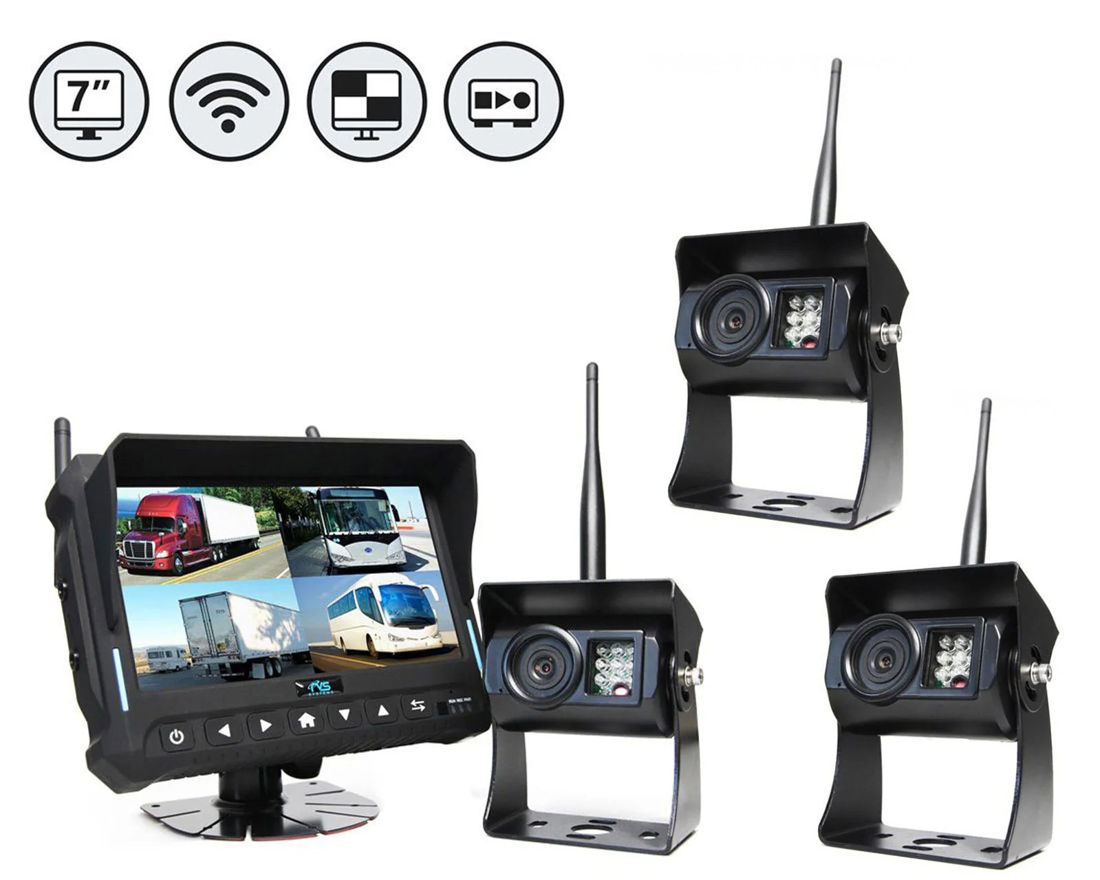 Rear View Safety Wireless Backup Camera System | 7&quot; Quad View Display with Built-in DVR