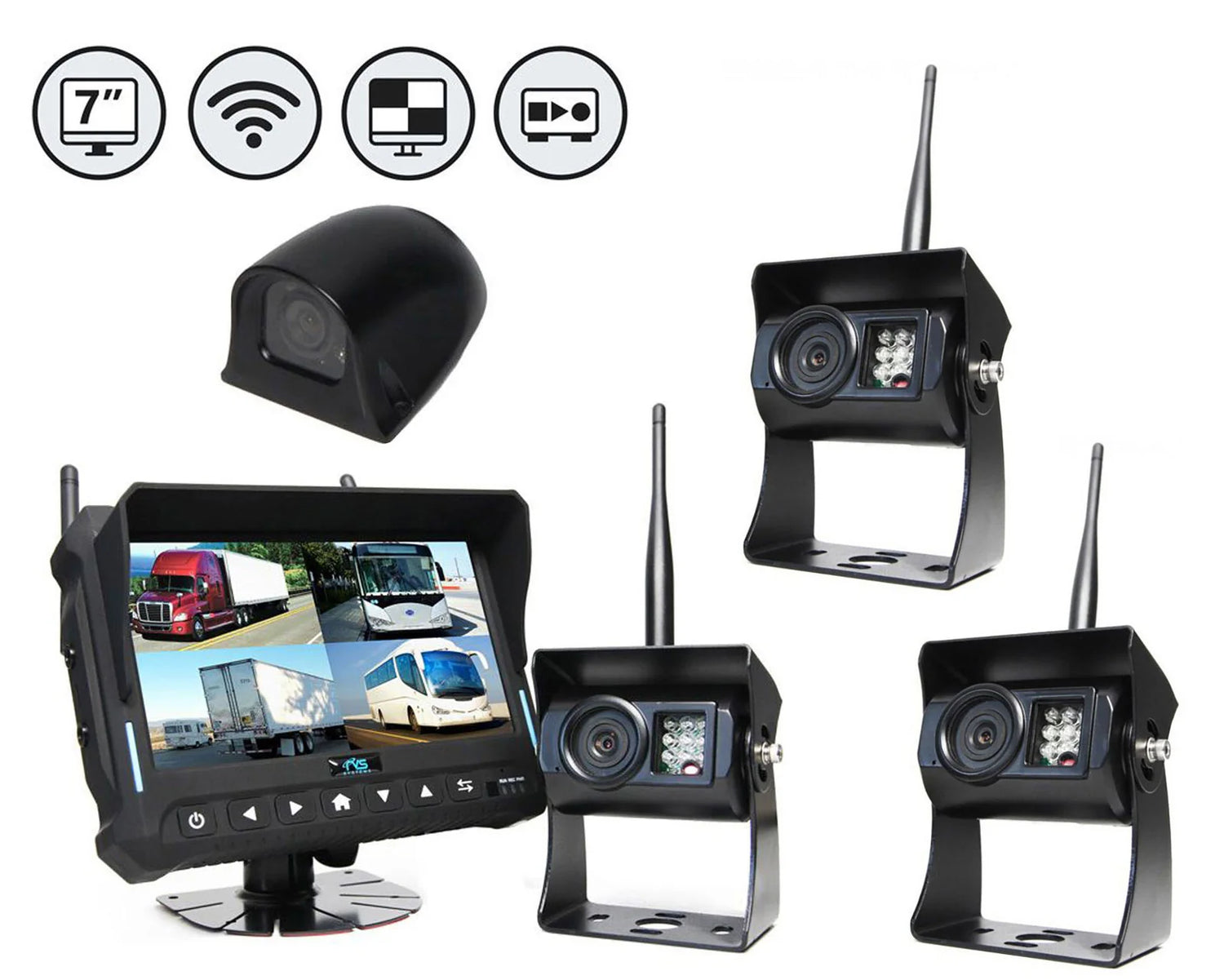 Rear View Safety Wireless Backup Camera System | 7&quot; Quad View Display with Built-in DVR