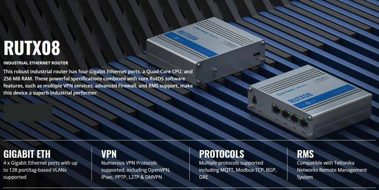 Teltonka RUTX08000200 - RUTX08 Industrial Gigabit Ethernet Router, US Power Supply, 4RJ45
