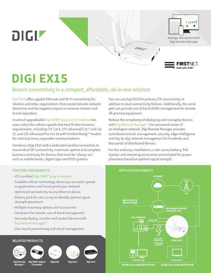 Digi EX15 - 2 port GigE; RF-45 RS232, US, No Wi-Fi; CAT 7; LTE-A / HSPA; AT&amp;T, Verizon, Sprint; PTCRB