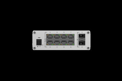 PoE+ , 8 x LAN Gigabit, 2 SFP ports, 2-pin. 240W total power budget